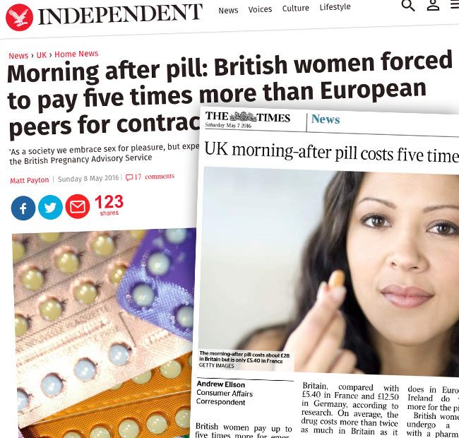 morning after pill prices in the UK - newspaper story headlines image