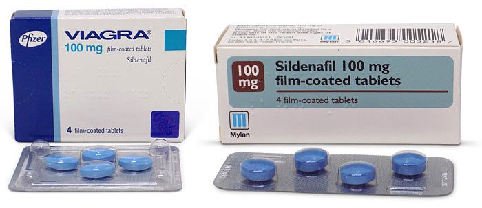 photo of a packet of Viagra 100mg and a packet of sildenafil 100mg tablets