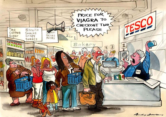 Man embarassed buying Viagra at Tesco - checkout lady asking on store intercom for a 'Price on Viagra to checkout two please'